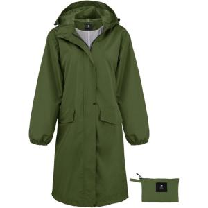 imageSaphiRose Womens Long Rain Jacket Waterproof Lightweight Hooded Raincoat Packable Knee Length Rain coatGreen