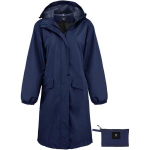 imageSaphiRose Womens Long Rain Jacket Waterproof Lightweight Hooded Raincoat Packable Knee Length Rain coatNavy
