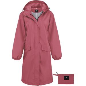 imageSaphiRose Womens Long Rain Jacket Waterproof Lightweight Hooded Raincoat Packable Knee Length Rain coatPink