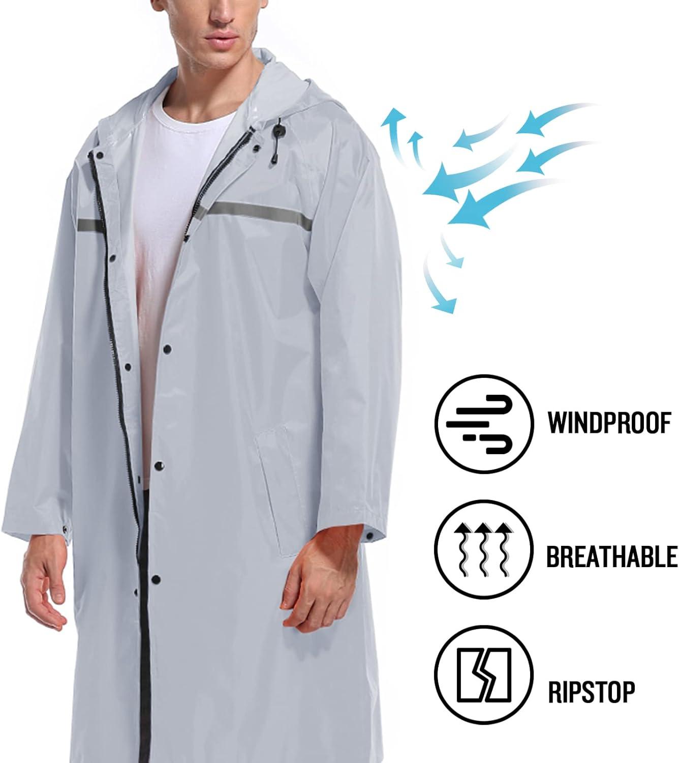 imageMens Long Hooded Safety Rain Jacket Waterproof Emergency Raincoat PonchoGrey