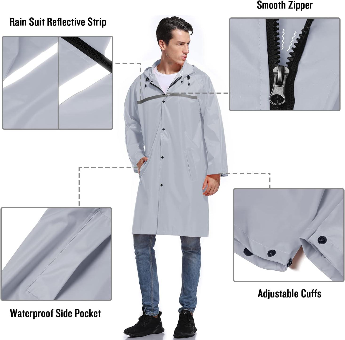 imageMens Long Hooded Safety Rain Jacket Waterproof Emergency Raincoat PonchoGrey