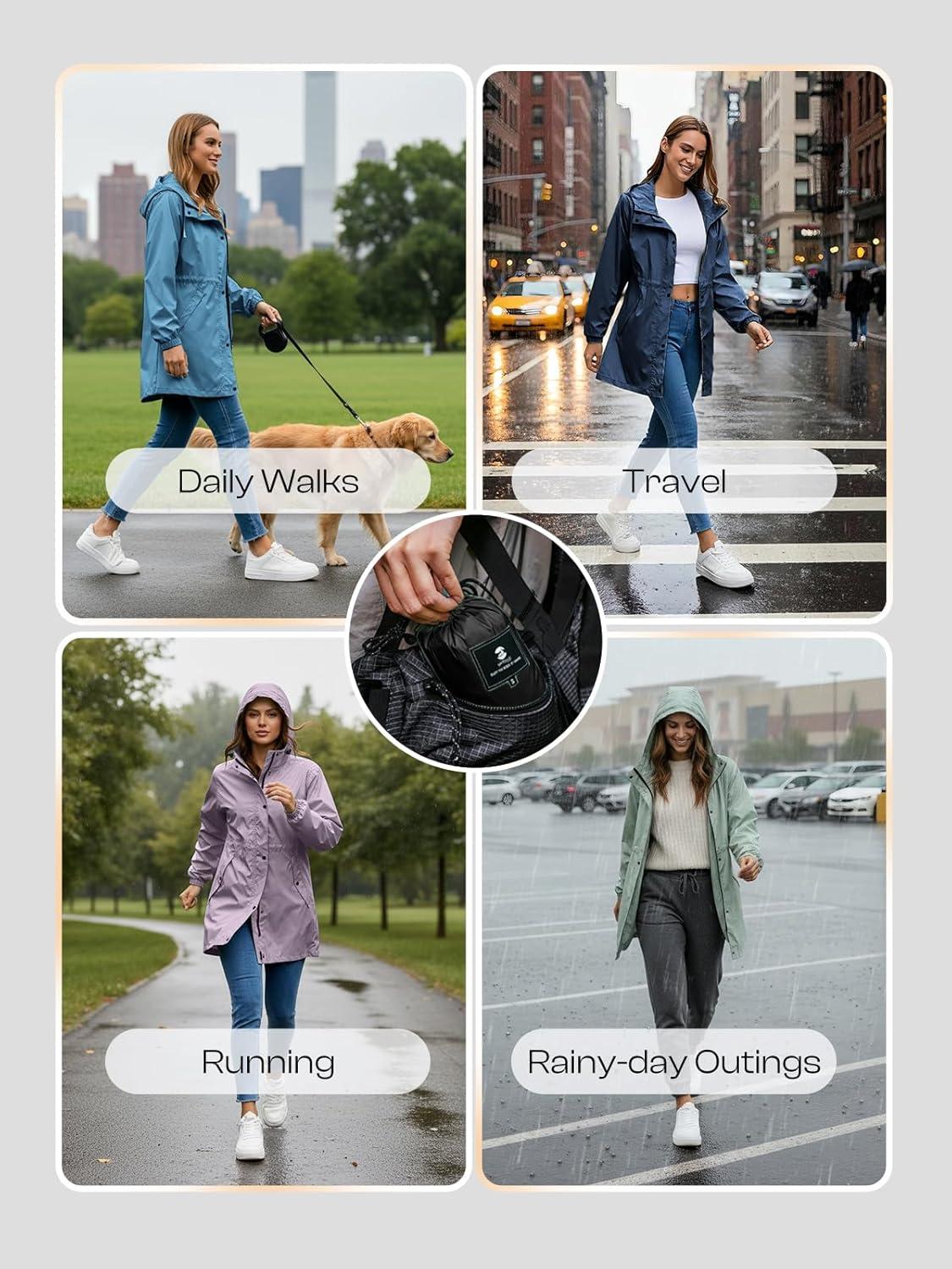 imageSaphiRose Womens Lightweight Long Rain Jacket Packable Raincoat Hooded Outdoor Trench CoatsBlack