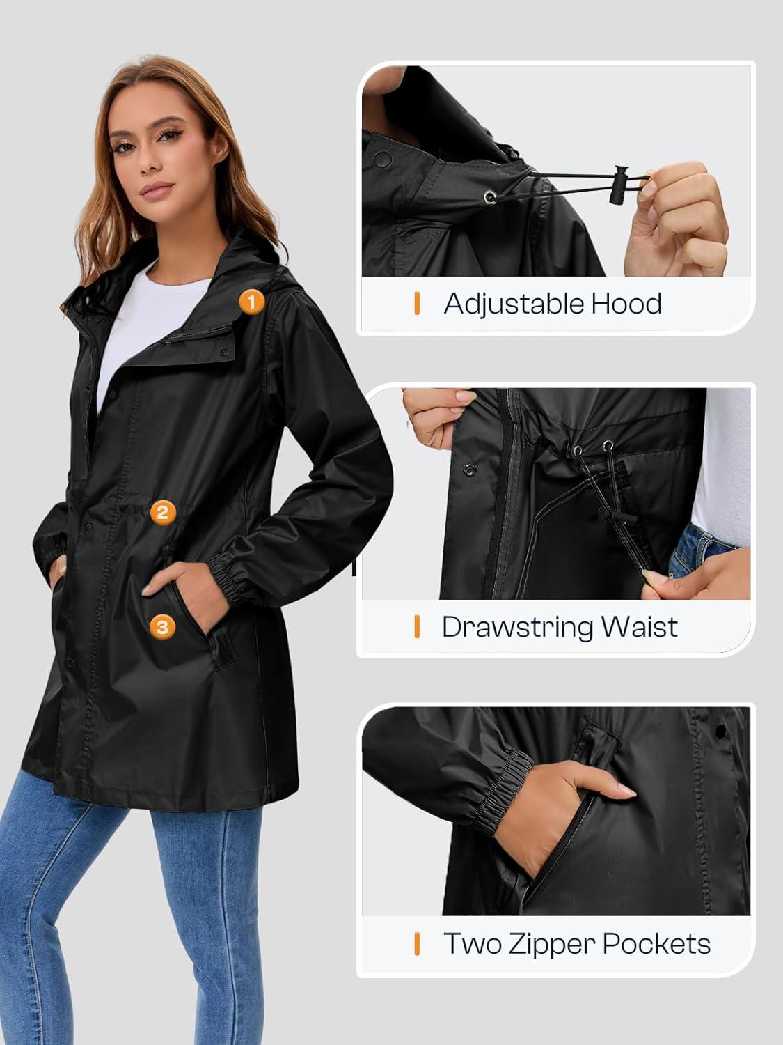 imageSaphiRose Womens Lightweight Long Rain Jacket Packable Raincoat Hooded Outdoor Trench CoatsBlack
