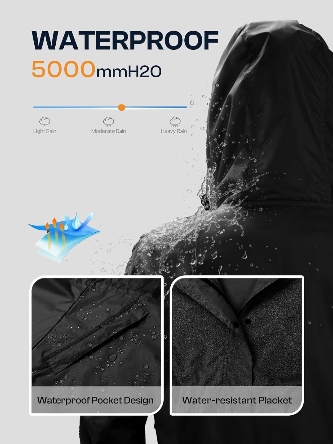 imageSaphiRose Womens Lightweight Long Rain Jacket Packable Raincoat Hooded Outdoor Trench CoatsBlack