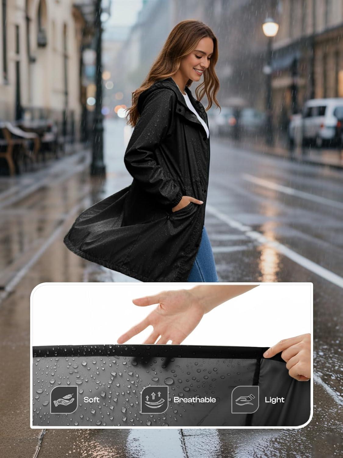 imageSaphiRose Womens Lightweight Long Rain Jacket Packable Raincoat Hooded Outdoor Trench CoatsBlack