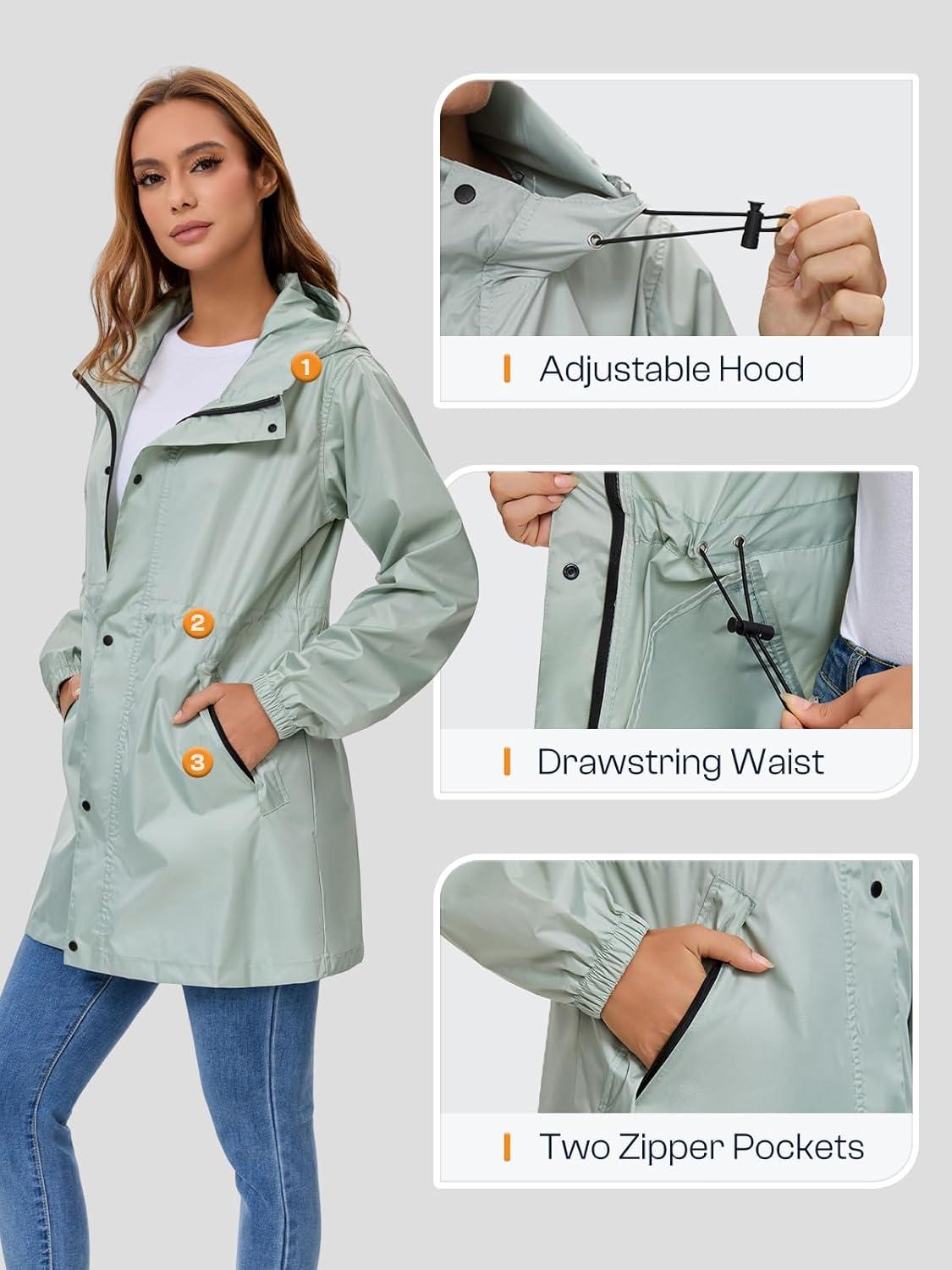 imageSaphiRose Womens Lightweight Long Rain Jacket Packable Raincoat Hooded Outdoor Trench CoatsLight Green