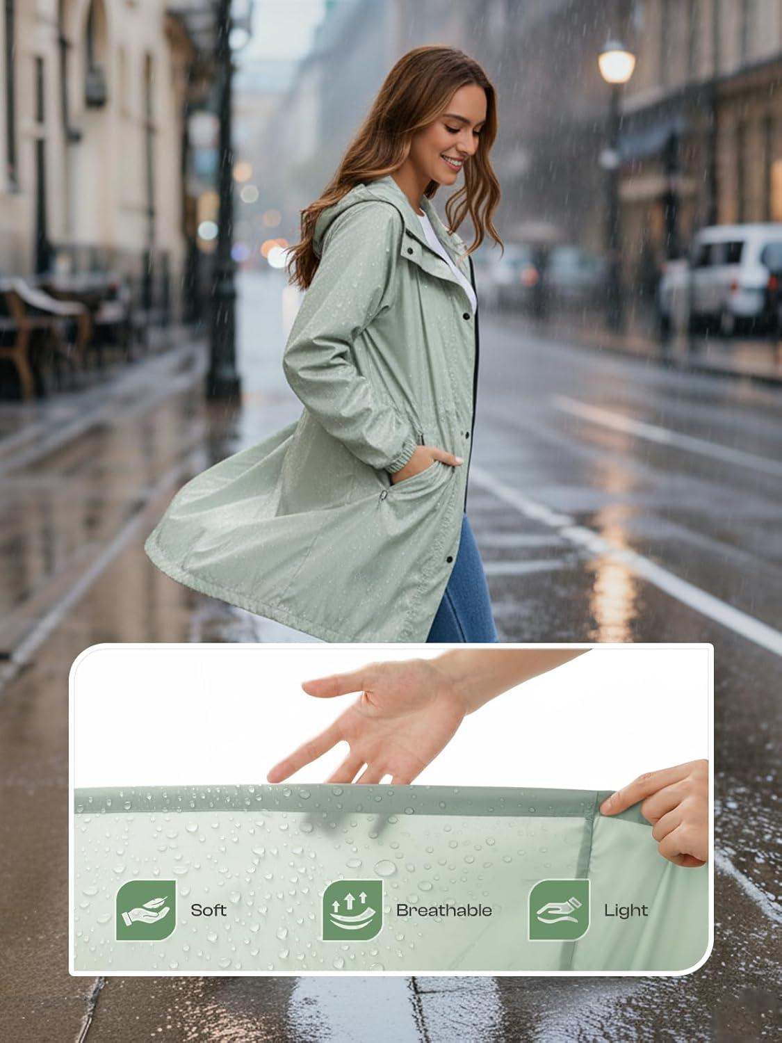 imageSaphiRose Womens Lightweight Long Rain Jacket Packable Raincoat Hooded Outdoor Trench CoatsLight Green