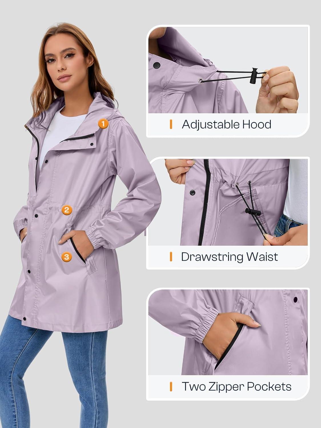 imageSaphiRose Womens Lightweight Long Rain Jacket Packable Raincoat Hooded Outdoor Trench CoatsLight Purple