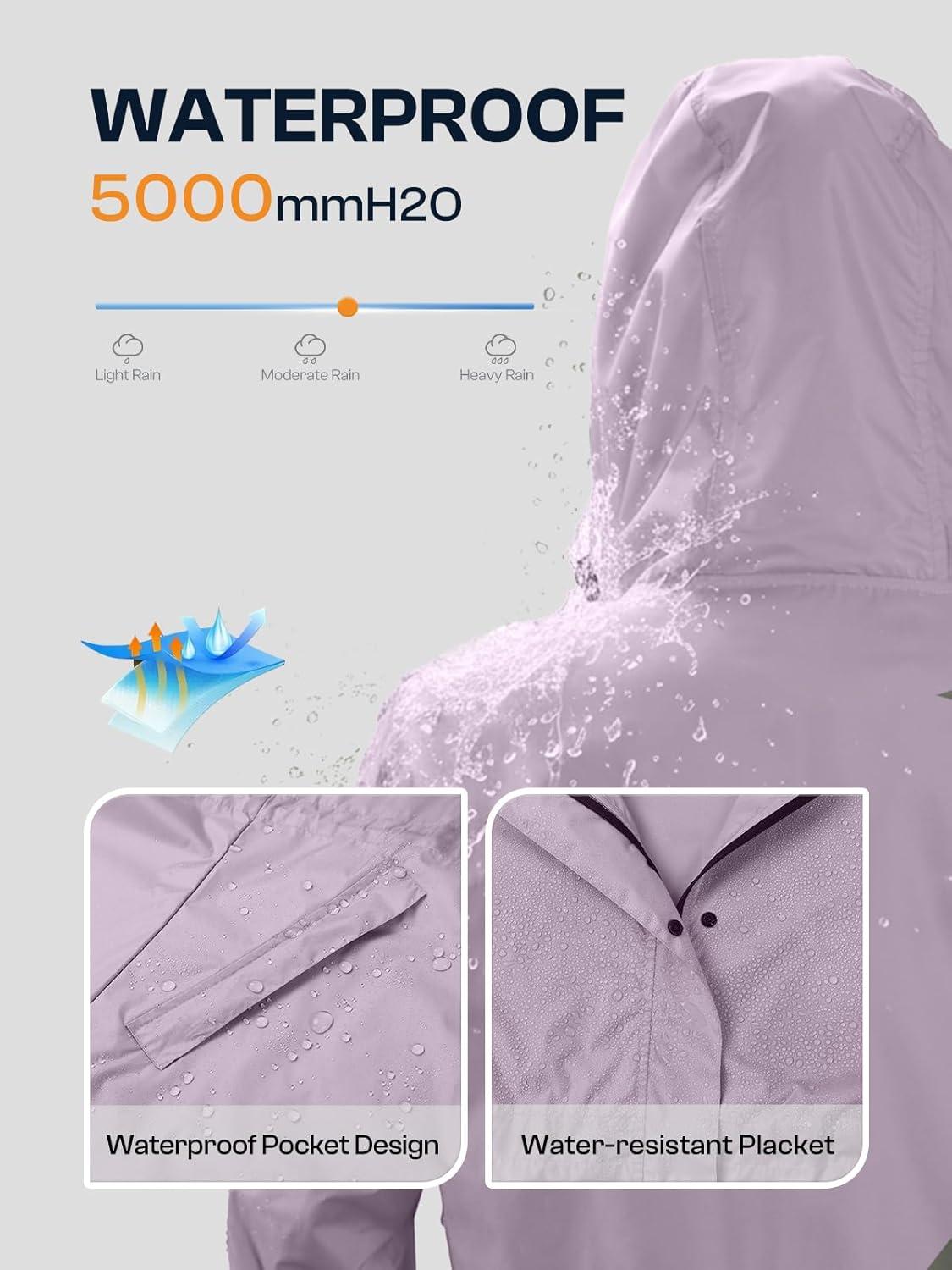 imageSaphiRose Womens Lightweight Long Rain Jacket Packable Raincoat Hooded Outdoor Trench CoatsLight Purple