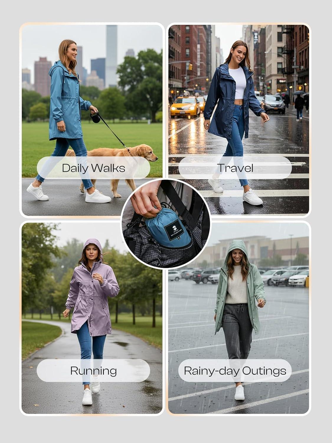 imageSaphiRose Womens Lightweight Long Rain Jacket Packable Raincoat Hooded Outdoor Trench CoatsMoroccan Blue