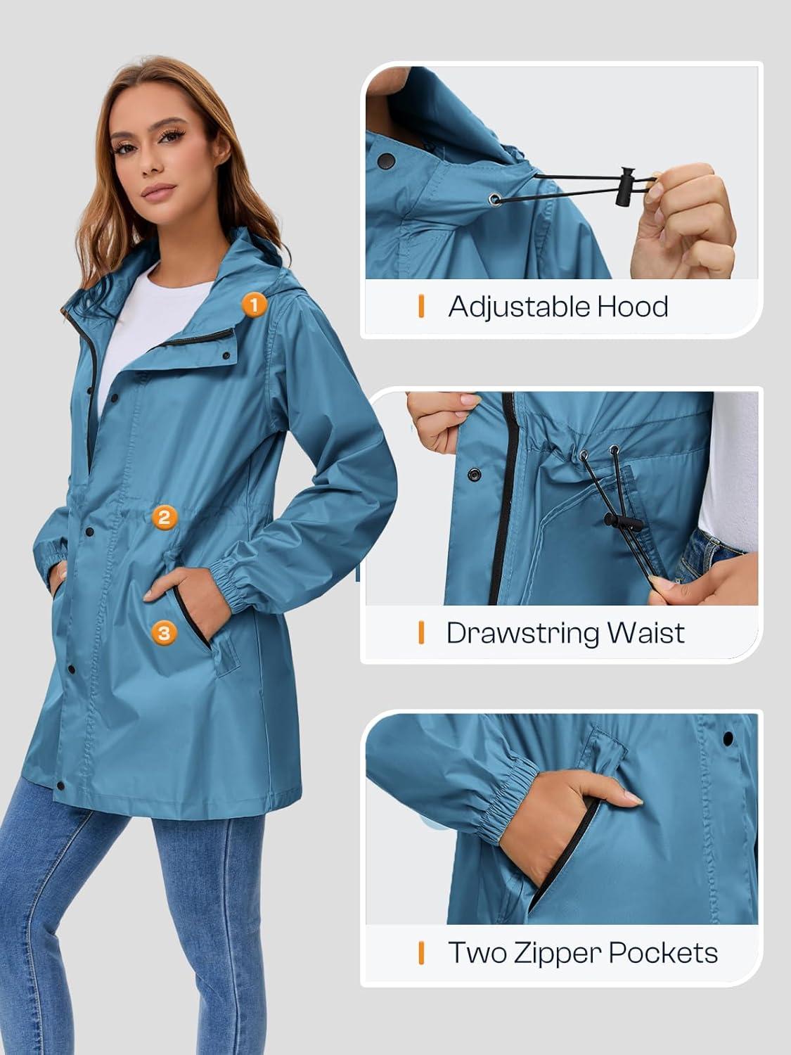 imageSaphiRose Womens Lightweight Long Rain Jacket Packable Raincoat Hooded Outdoor Trench CoatsMoroccan Blue