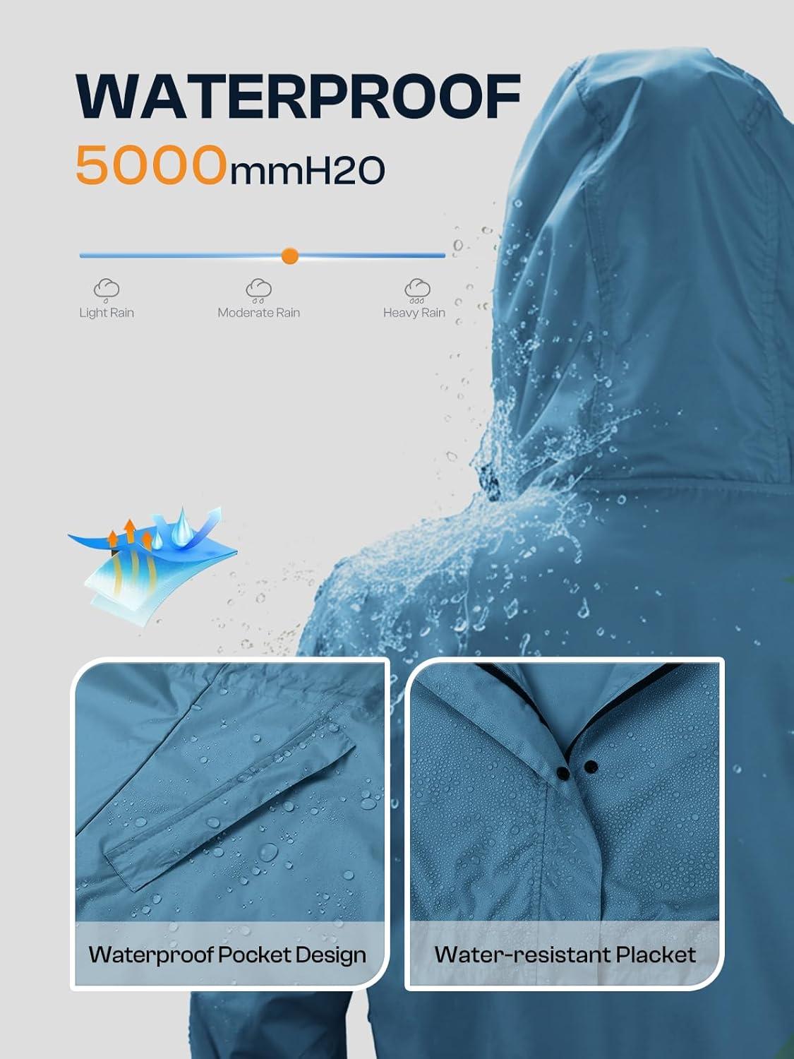 imageSaphiRose Womens Lightweight Long Rain Jacket Packable Raincoat Hooded Outdoor Trench CoatsMoroccan Blue