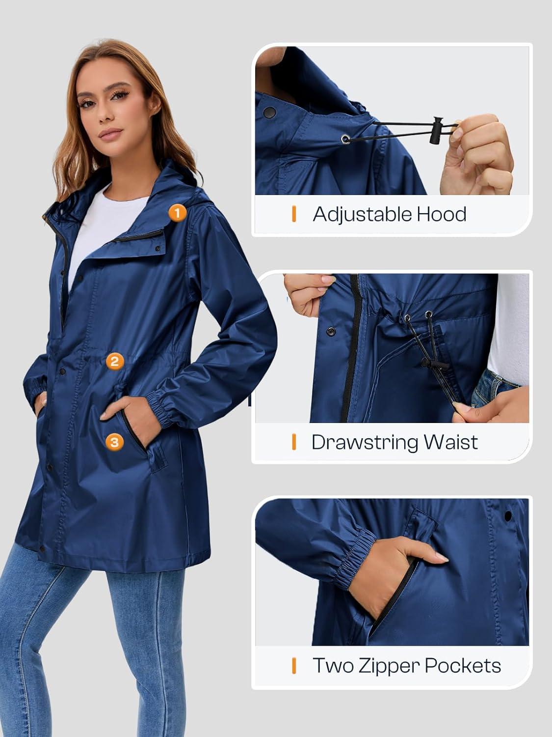 imageSaphiRose Womens Lightweight Long Rain Jacket Packable Raincoat Hooded Outdoor Trench CoatsNavy