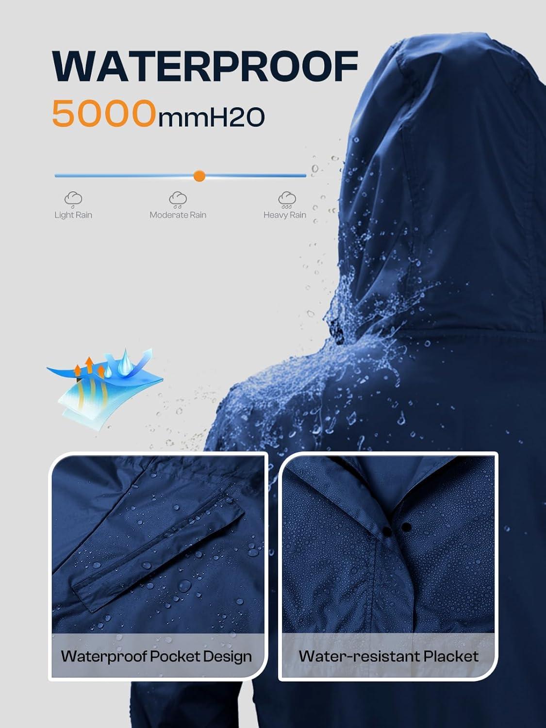 imageSaphiRose Womens Lightweight Long Rain Jacket Packable Raincoat Hooded Outdoor Trench CoatsNavy