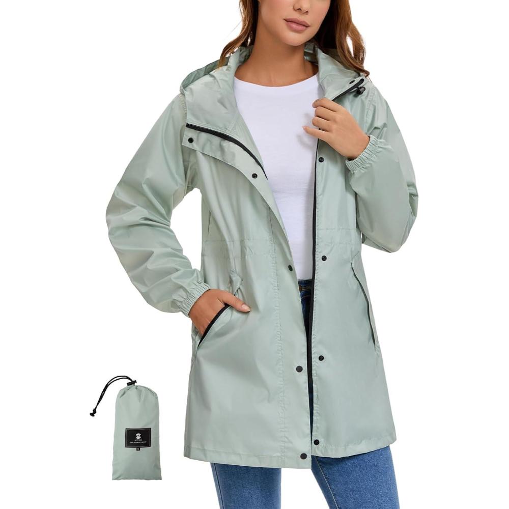 imageSaphiRose Womens Lightweight Long Rain Jacket Packable Raincoat Hooded Outdoor Trench CoatsLight Green