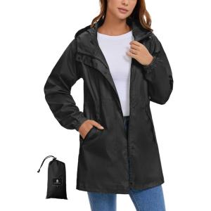 imageSaphiRose Womens Lightweight Long Rain Jacket Packable Raincoat Hooded Outdoor Trench CoatsBlack