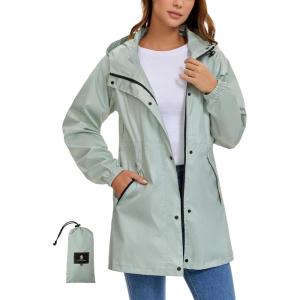 imageSaphiRose Womens Lightweight Long Rain Jacket Packable Raincoat Hooded Outdoor Trench CoatsLight Green
