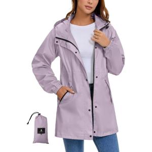 imageSaphiRose Womens Lightweight Long Rain Jacket Packable Raincoat Hooded Outdoor Trench CoatsLight Purple