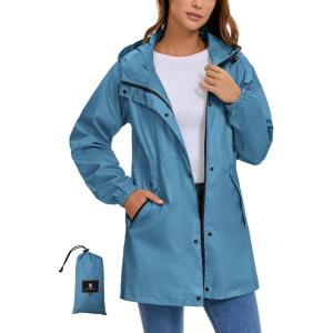 imageSaphiRose Womens Lightweight Long Rain Jacket Packable Raincoat Hooded Outdoor Trench CoatsMoroccan Blue