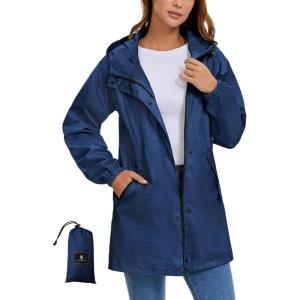 imageSaphiRose Womens Lightweight Long Rain Jacket Packable Raincoat Hooded Outdoor Trench CoatsNavy