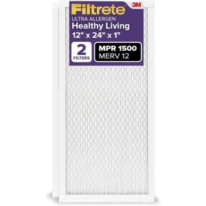 imageFiltrete 12x24x1 AC Furnace Air Filter MERV 12 MPR 1500 CERTIFIED asthma ampamp allergy friendly 3 Month Pleated 1Inch Electrostatic Air Cleaning Filter 2Pack Actual Size 1169x2369x078 in12x24x1
