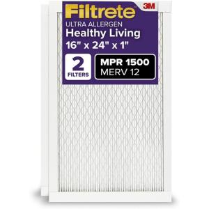imageFiltrete 12x24x1 AC Furnace Air Filter MERV 12 MPR 1500 CERTIFIED asthma ampamp allergy friendly 3 Month Pleated 1Inch Electrostatic Air Cleaning Filter 2Pack Actual Size 1169x2369x078 in16x24x1