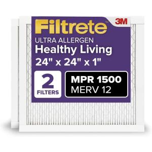 imageFiltrete 12x24x1 AC Furnace Air Filter MERV 12 MPR 1500 CERTIFIED asthma ampamp allergy friendly 3 Month Pleated 1Inch Electrostatic Air Cleaning Filter 2Pack Actual Size 1169x2369x078 in24x24x1
