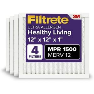 imageFiltrete 16x20x1 AC Furnace Air Filter MERV 12 MPR 1500 CERTIFIED asthma ampamp allergy friendly 3 Month Pleated 1Inch Electrostatic Air Cleaning Filter 4Pack Actual Size 1569 x 1969 x 078 in12x12x1