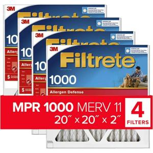 imageFiltrete 20x20x2 AC Furnace Air Filter MERV 11 MPR 1000 Allergen Defense 3Month Pleated 2Inch Electrostatic Air Cleaning Filter 4 Pack Actual Size 195 x 195 x 175 inWhite