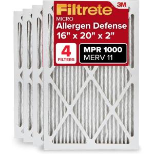 imageFiltrete 20x25x2 AC Furnace Air Filter MERV 11 MPR 1000 Allergen Defense 3Month Pleated 2Inch Electrostatic Air Cleaning Filter 4 Pack actual size 195 x 245 x 175 in16 x 20 x 2