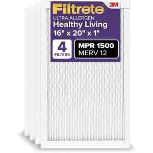 imageFiltrete 16x20x1 AC Furnace Air Filter MERV 12 MPR 1500 CERTIFIED asthma ampamp allergy friendly 3 Month Pleated 1Inch Electrostatic Air Cleaning Filter 4Pack Actual Size 1569 x 1969 x 078 in16x20x1