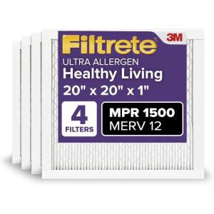 imageFiltrete 16x20x1 AC Furnace Air Filter MERV 12 MPR 1500 CERTIFIED asthma ampamp allergy friendly 3 Month Pleated 1Inch Electrostatic Air Cleaning Filter 4Pack Actual Size 1569 x 1969 x 078 in20x20x1