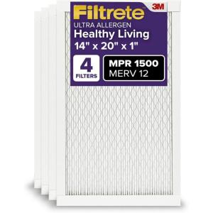 imageFiltrete 16x20x1 AC Furnace Air Filter MERV 12 MPR 1500 CERTIFIED asthma ampamp allergy friendly 3 Month Pleated 1Inch Electrostatic Air Cleaning Filter 4Pack Actual Size 1569 x 1969 x 078 in14x20x1