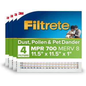 imageFiltrete 10X10X1 Air Filter MPR 700 MERV 8 Clean Living Dust Pollen and Pet Dander Reduction 3Month Pleated 1Inch Air Filters 4 Filters115 x 115 x 1