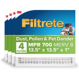 imageFiltrete 10X10X1 Air Filter MPR 700 MERV 8 Clean Living Dust Pollen and Pet Dander Reduction 3Month Pleated 1Inch Air Filters 4 Filters135 x 135 x 1