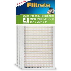 imageFiltrete 10X10X1 Air Filter MPR 700 MERV 8 Clean Living Dust Pollen and Pet Dander Reduction 3Month Pleated 1Inch Air Filters 4 Filters14 x 14 x 1