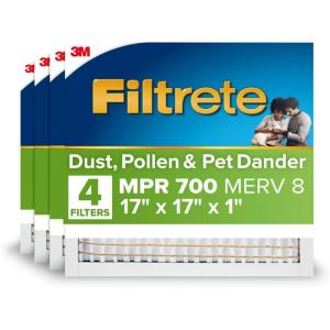imageFiltrete 10X10X1 Air Filter MPR 700 MERV 8 Clean Living Dust Pollen and Pet Dander Reduction 3Month Pleated 1Inch Air Filters 4 Filters17 x 17 x 1