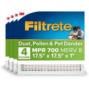 imageFiltrete 10X10X1 Air Filter MPR 700 MERV 8 Clean Living Dust Pollen and Pet Dander Reduction 3Month Pleated 1Inch Air Filters 4 Filters175 x 175 x 1