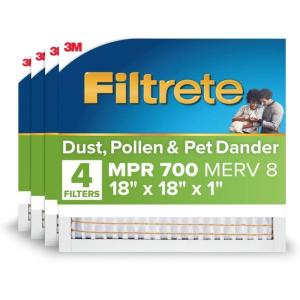 imageFiltrete 10X10X1 Air Filter MPR 700 MERV 8 Clean Living Dust Pollen and Pet Dander Reduction 3Month Pleated 1Inch Air Filters 4 Filters18 x 18 x 1