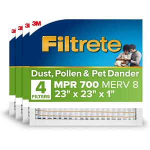 imageFiltrete 10X10X1 Air Filter MPR 700 MERV 8 Clean Living Dust Pollen and Pet Dander Reduction 3Month Pleated 1Inch Air Filters 4 Filters23 x 23 x 1
