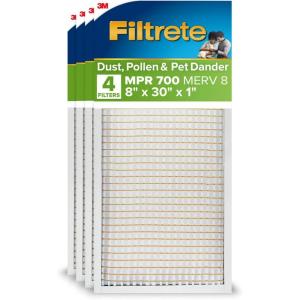 imageFiltrete 10X10X1 Air Filter MPR 700 MERV 8 Clean Living Dust Pollen and Pet Dander Reduction 3Month Pleated 1Inch Air Filters 4 Filters30 x 8 x 1