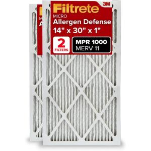 imageFiltrete 14x20x1 AC Furnace Air Filter MERV 11 MPR 1000 Micro Allergen Defense 3Month Pleated 1Inch Electrostatic Air Cleaning Filter 2 Pack Actual Size 13781 x 19781 x 084 in14 x 30 x 1