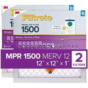 imageFiltrete 12x12x1 AC Furnace SMART Air Filter MERV 12 MPR 1500 Track Filter Life With Bluetooth Enabled Sensor CERTIFIED asthma ampamp allergy friendly 2Pack Actual Size 1184x1184x1 in12x12x1