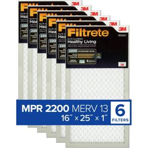 imageFiltrete 14x24x1 AC Furnace Air Filter MERV 13 MPR 2200 Elite Allergen Bacteria ampamp Virus Filter 3Month Pleated 1Inch Electrostatic Air Cleaning Filter 6Pack Actual Size 1381x2381x078 in16x25x1