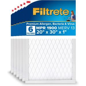imageFiltrete 16x20x1 AC Furnace Air Filter MERV 13 MPR 1900 Premium Allergen Bacteria ampamp Virus Filter 3Month Pleated 1Inch Electrostatic Air Cleaning Filter 6Pack Actual Size 1569x1969x078 in20x30x1