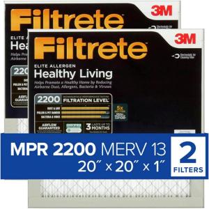 imageFiltrete 20x20x1 AC Furnace Air Filter MERV 13 MPR 2200 Elite Allergen Bacteria ampamp Virus Filter 3Month Pleated 1Inch Electrostatic Air Cleaning Filter 2Pack Actual Size 19719x19719x078 inStandard Filter