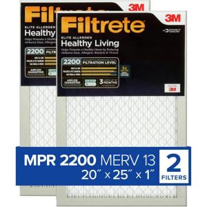 imageFiltrete 20x25x1 AC Furnace Air Filter MERV 13 MPR 2200 Elite Allergen Bacteria ampamp Virus Filter 3Month Pleated 1Inch Electrostatic Air Cleaning Filter 2Pack Actual Size 1969x2469x078 inStandard Filter