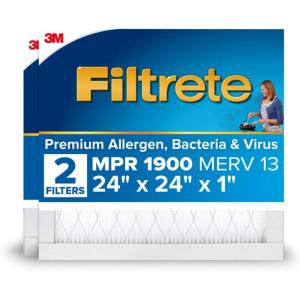 imageFiltrete 20x30x1 AC Furnace Air Filter MERV 13 MPR 1900 Premium Allergen Bacteria ampamp Virus Filter 3Month Pleated 1Inch Electrostatic Air Cleaning Filter 2Pack Actual Size 1981x2981x078 in24x24x1