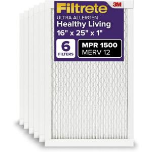imageFiltrete 10x20x1 AC Furnace Air Filter MERV 12 MPR 1500 CERTIFIED asthma ampamp allergy friendly 3 Month Pleated 1Inch Electrostatic Air Cleaning Filter 6Pack Actual Size 981x1981x078 in16x25x1