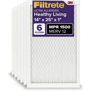 imageFiltrete 10x20x1 AC Furnace Air Filter MERV 12 MPR 1500 CERTIFIED asthma ampamp allergy friendly 3 Month Pleated 1Inch Electrostatic Air Cleaning Filter 6Pack Actual Size 981x1981x078 in14x25x1